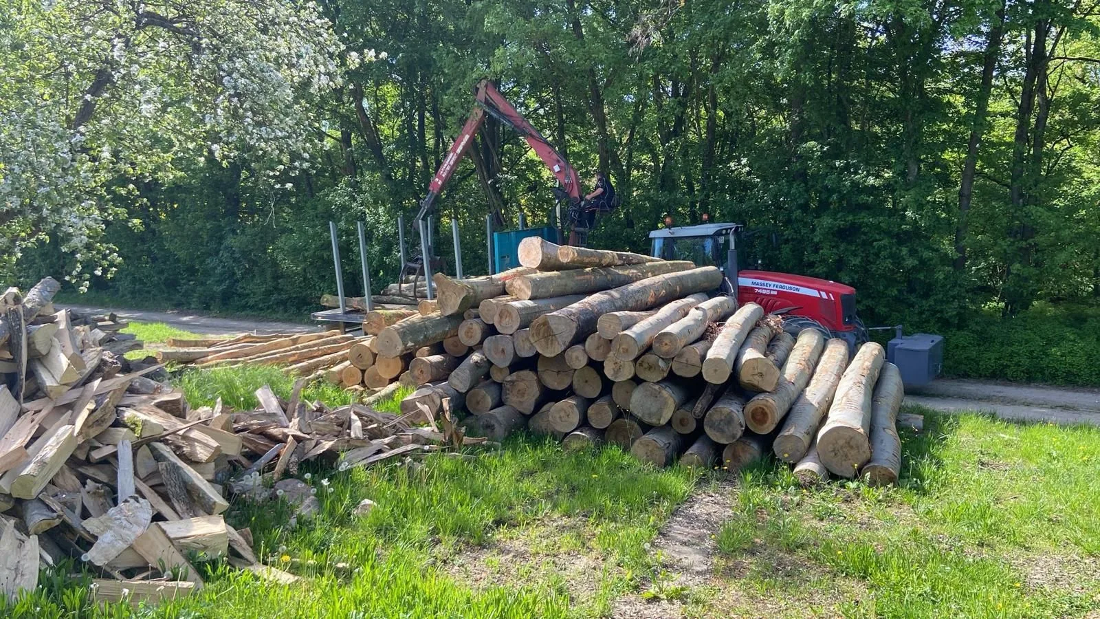 Stammholzpolter und aufgeschütteter Scheitholzhaufen am Wegrand, dahinter das Gespann mit Kran